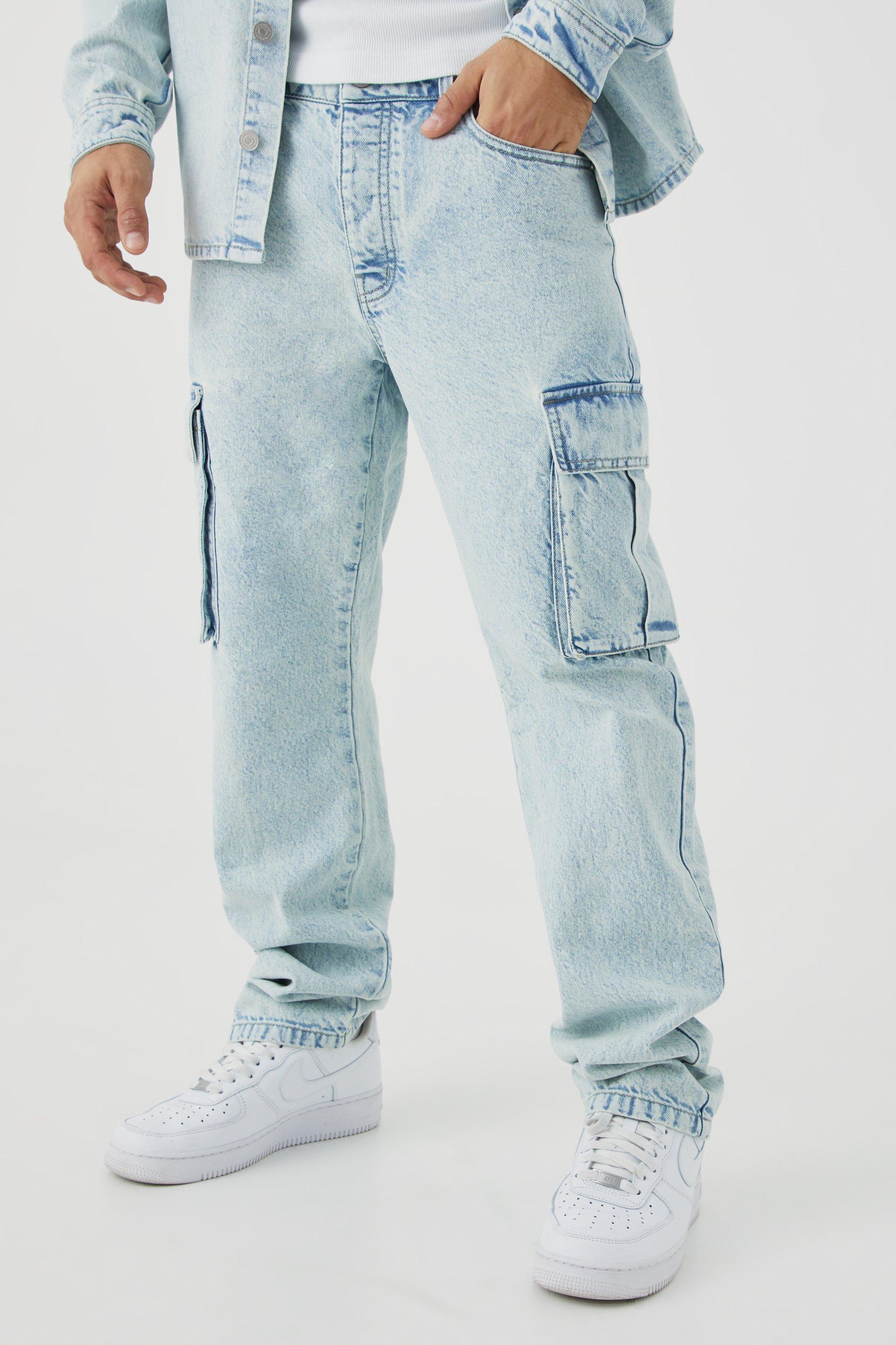 Mens Blue Relaxed Rigid Cargo Jeans, Blue